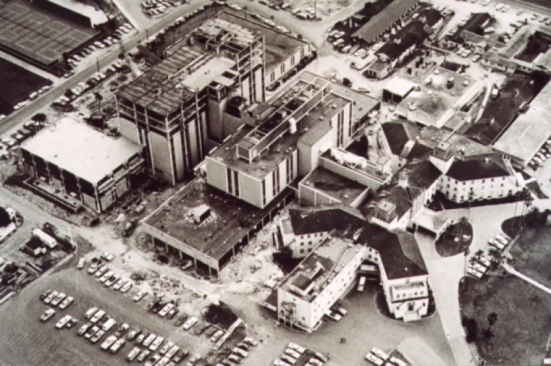 An early aerial view of the Halifax District Hospital campus in Daytona Beach.